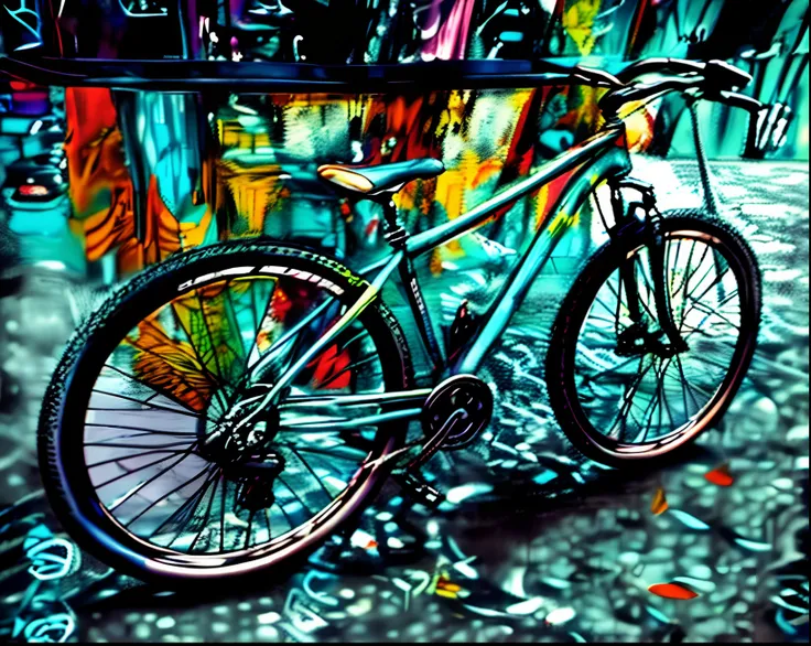 bicicleta com outra cor ,preto muito brilhante,fundo multi colorido estilo eduardo kobra,grafitti ,anime,cartoon,512k