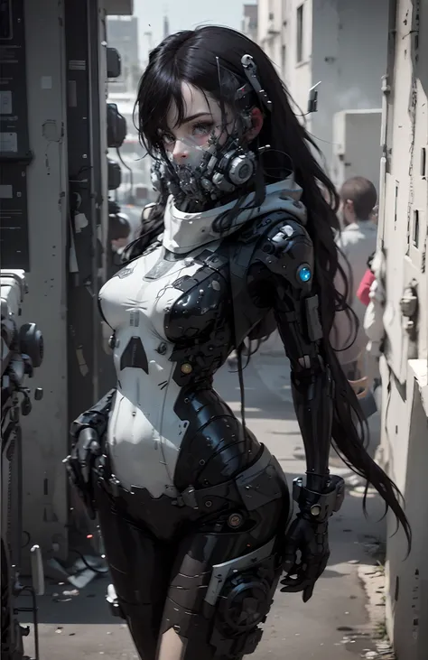 This is a hyper-detail、Ultra-high facial detail，High resolution and top quality CG Unity 8k wallpaper，Photorealistic, high resolution,  Solo, Hips up,The style is cyberpunk，Mainly black and red。In the picture, A tall beautiful girl appears，Long black hair，...