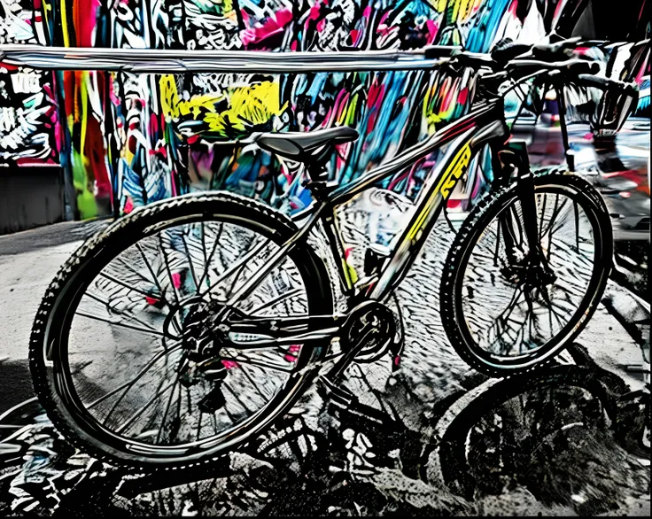 bicicleta preto brilhante cor ,preto muito brilhante,fundo da imagem multi colorido estilo eduardo kobra,grafitti ,anime,cartoon...