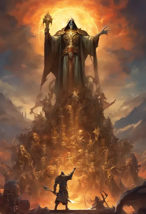 Ainz Ooal Gown, the supreme ruler of the Great Tomb of Nazarick, holding his sceptre of domination high in the air as he stands atop a pile of skulls.