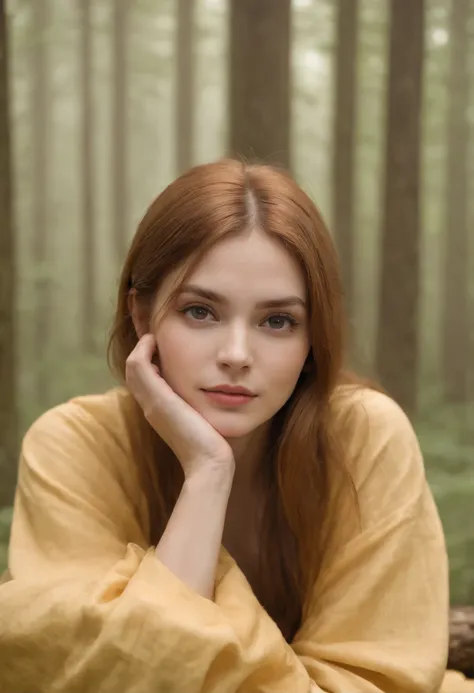 Photo of beautiful girl in her 20s in plain pajamas over long yellow cloth, Sitting on a log in a foggy forest, abundant yellow hair, Bushy bangs, Beautiful eyes with sparkle, Beautiful face with symmetry, Pretty and innocent face, without makeup, Unadorne...