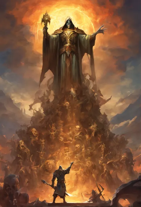 Ainz Ooal Gown, the supreme ruler of the Great Tomb of Nazarick, holding his sceptre of domination high in the air as he stands atop a pile of skulls.