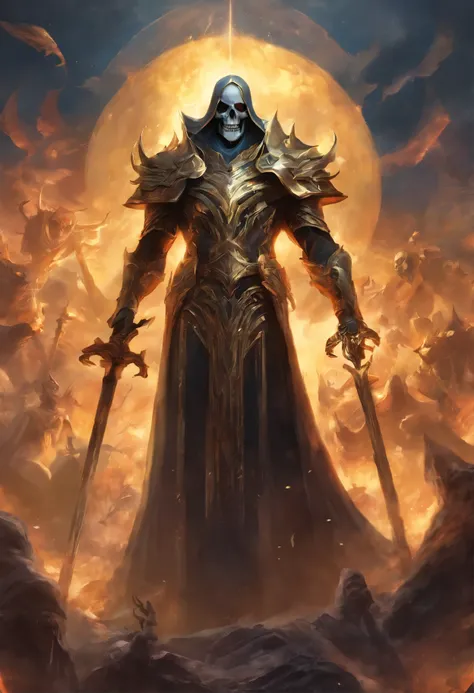 Ainz Ooal Gown, the supreme ruler of the Great Tomb of Nazarick, holding his sceptre of domination high in the air as he stands atop a pile of skulls.