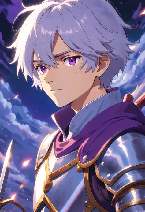 knight with silver hair and purple eyes, handsome, training, sweaty