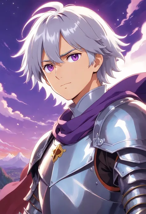 knight with silver hair and purple eyes, handsome, training, sweaty