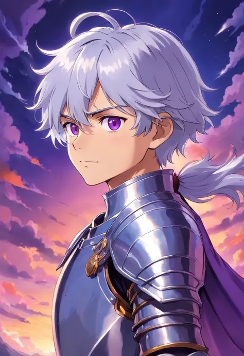 knight with silver hair and purple eyes, handsome, training, sweaty