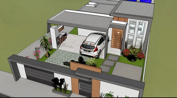 a rendering of a house with a car parked in the garage, projeto residencial, Casa Conceito, design exterior, architectural concept, Perspectiva 3D, perspective view, Design 3D, Design 3D, 3D rendering, 3D-rendering, architectural concepts, conceito de arqu...