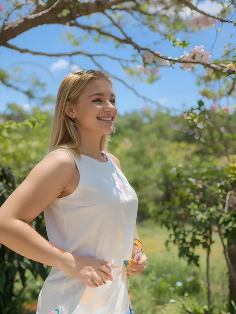 A blonde girl standing with a radiant smile on her face, holding the bottle of magic ink in your hands. It is surrounded by a magical and colourful environment, com flores coloridas, vibrant trees and a sky full of rainbows. 4k Disney pixar resolution