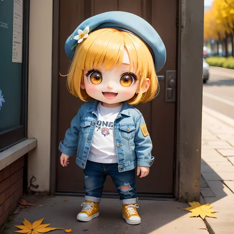 ​masterpiece、top-quality、ultra-detailliert、(Chibi Charas Daughter:1.2)、White Bob、Blue denim jacket、damage jeans、Blue denim beret、Standing、Open your mouth and smile、Background Van Goghs Autumn Flowerart Wallpaper