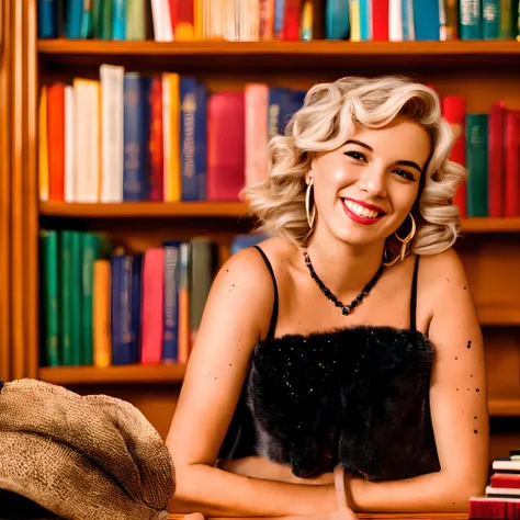 paparazzi photo of blonde marilyn monroe smiling and posing for a photo shoot in a library, sitting, knees_together_feet_apart, ...