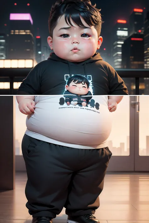 Fat little boy..,Ah Tee,Shrinking eyes,kawaii,masculine, Mysterious Aura, And a lovely gesture.., The background of the image should represent the city of the future at night.., With bright skyscrapers and a cybernetic atmosphere.., fine detail., Detailed ...