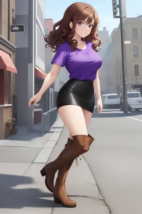 masterpiece,colorful,best quality,solo,1girl,teenager,hazel eyes, highres, looking at viewer,standing, (purple t-shirt, short sleeves, black pencil skirt, brown knee high boots, heeled boots), brown hair, curly hair, hands in pockets, full body, clone lab,...