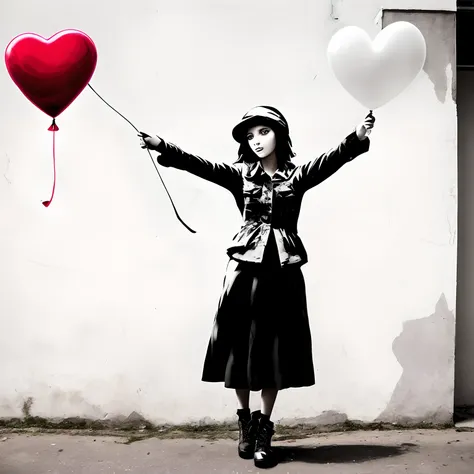 arafed image of a girl holding a red balloon in the shape of a heart, inspired by Banksy, banksy graffiti, urban graffiti banksy, by Banksy, style of banksy, holding a balloon, balloon, baloons, modern street art, street art, man holding a balloon, inspiri...