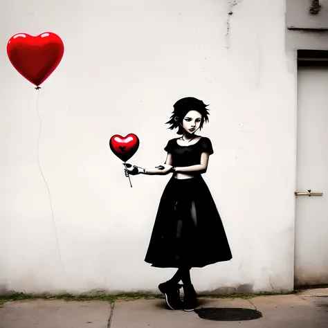 arafed image of a girl holding a red balloon in the shape of a heart, inspired by Banksy, banksy graffiti, urban graffiti banksy, by Banksy, style of banksy, holding a balloon, balloon, baloons, modern street art, street art, man holding a balloon, inspiri...