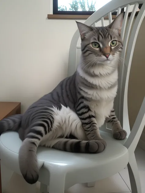 There is a cat sitting on a chair in a room, Regal Pose, sentado na cadeira, sentado em seu trono, sentar-se casualmente, fazendo uma pose majestosa, um gato sentado em uma cadeira, orgulhoso olhando para longe, Sentado na cadeira, tabaxi macho, fazendo um...