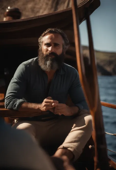 Homem com barba grisalha explicando algo para mulher loira, quebrando o barco de madeira no fundo