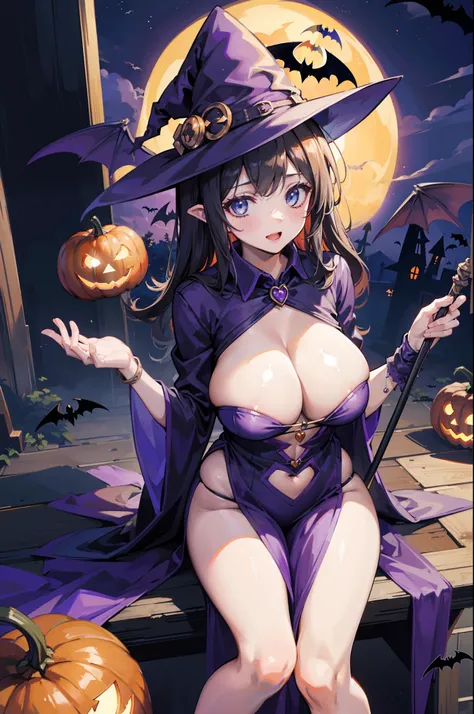 one-girl，(sorceress woman)，huge tit，Sit on a broomstick，Fly in the air，magia，(halloween)，borgar，Carrying a jack-o-lantern，the bats，