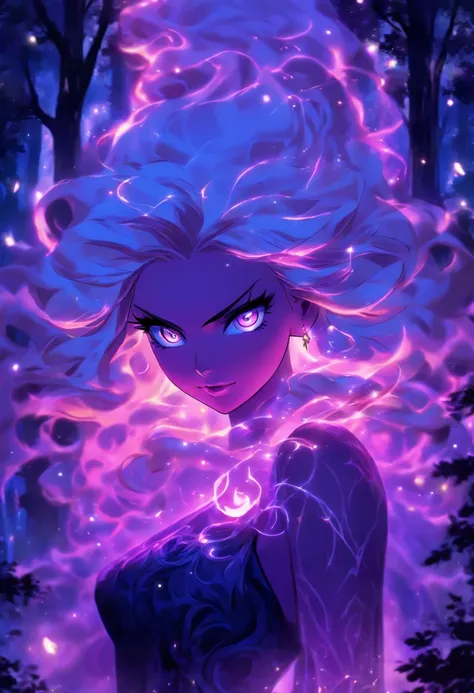 (best quality, highres, ultra-detailed, realistic:1.37), female, glowing purple eyes, long flowing blonde hair, witch, goddess, casting glowing spells, mystical fantasy woods, evil smirk, enchanted atmosphere, hauntingly beautiful, ethereal, dark magic, me...