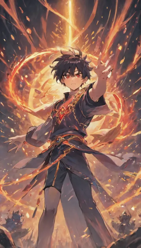 A painting that shows the black-haired, red-eyed protagonist with energy and stimuli of power around him in a sunset of a victory of a great battle with his two swords on the ground, with glowing particles dancing around him and arcane symbols forming in t...