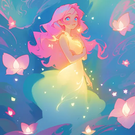 beautiful girl in flowing gradient layered ballgown, flowing pink hair, whimsical fantasia and flowers background, vibrant pastel colors, (colorful), magical lights, magical flowers, flowers, glowing lights, red pink long wavy hair, sparkling lines of ligh...