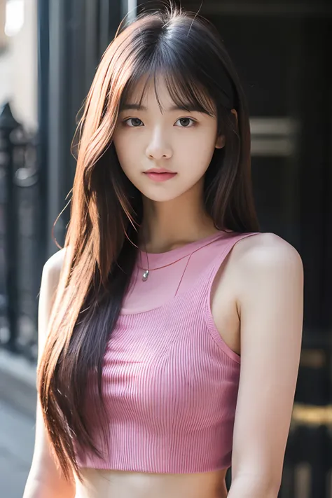 18-year-old girl, long whitr hair, Photo., Dark pink top