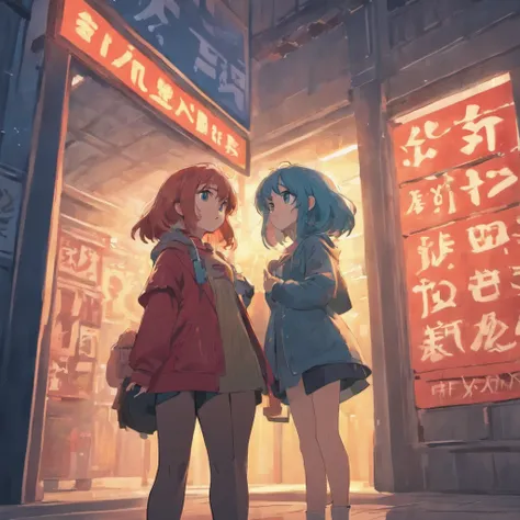 Two girls in front of a sign with their hands on their hips taking photo for a Pixar Cartoon style social network