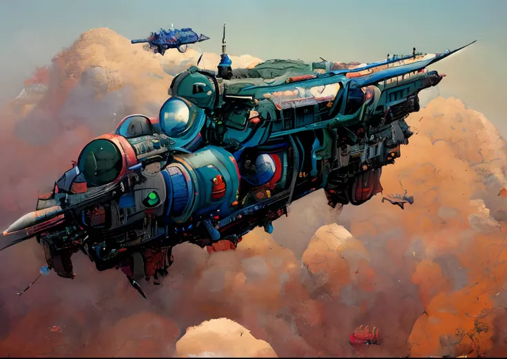 textless, JovianSkyship, jovian-skyship firing broadside artillery, turrets, cannon firing, smoke