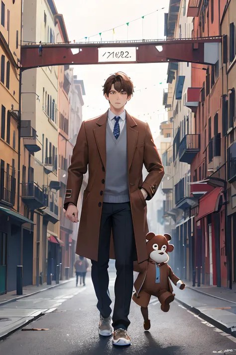 Create a Pixar UP character with great adventures. Rodrigo Dias Zangirolami, Italian, 1.72m tall. Brown hair, worn overcoat, short shirt, brown jacket, short socks, short and long Nike sneakers. Journalist, business consultant, walking, walking.