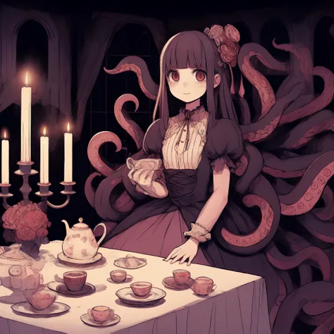 Tentacle Girl. dress with ruffles. tea party. Inside a dark mansion. candle. Rose flowers on a plate.