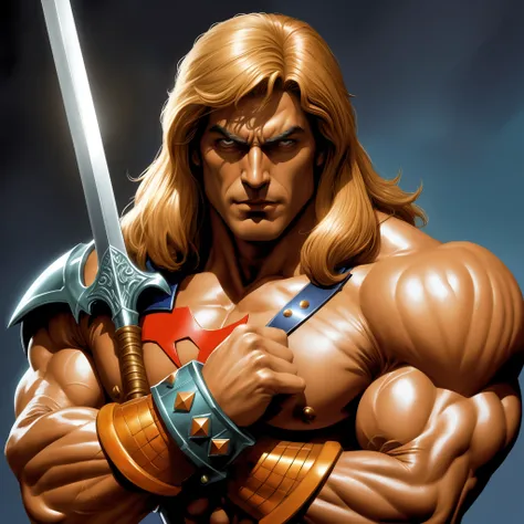 a close up of a statue of a man with a sword, retrato de he - homem, ele - homem, He-Man, pintura retrato de ele - homem, ele homem, ele - homem!!!!!, He-Man!!!!!, He-Man com um jeito sombrio, Directed by: Jason Edmiston, Marcos Silvestri, inspirado em Joe...