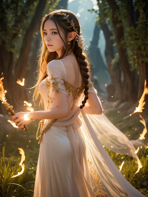 Graceful elven girl standing in meadow, Delicate face illuminated by the soft light of the setting sun. Her long, Flowing hair runs down your back, Decorated with intricate braids、Adorned with sparkling gemstones. This great photo is、、、It captures the ethe...