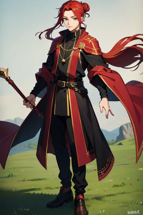 full body, young adult male, shoulder length red hair, wearing it in a topknot, sharp green eyes, (Wizard), standing, Live2D, Vtuber