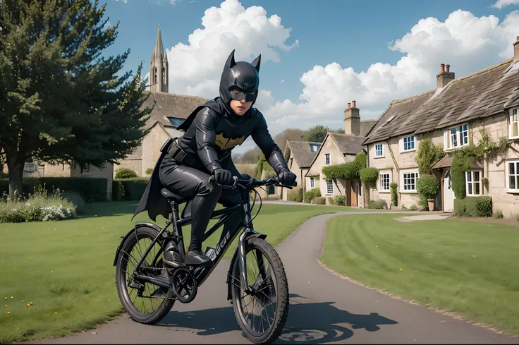 Portrait of a kid dressed in Batman  costume, outdoors, riding a bycicle in a small English village, Cotswolds village. Spring cloudy day. Highly detailed.