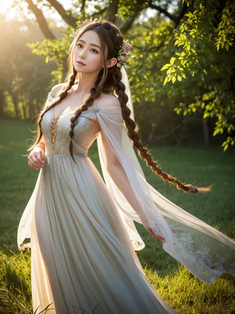 Graceful elven girl standing in meadow, Delicate face illuminated by the soft light of the setting sun. Her long, Flowing hair runs down your back, Decorated with intricate braids、Adorned with sparkling gemstones. This great photo is、、、It captures the ethe...