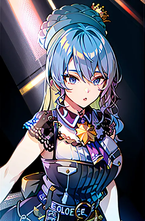 beautiful woman, big breasts, blue hair, colorful idol clothes, microphone in hand singing, best quality, cleavage