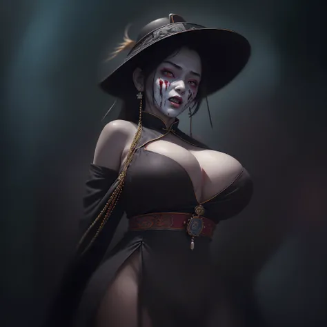 (masterpiece:1.2, Best Quality:1.2, 32K, High resolution), (Ultra-realistic portrait of Jiang Shi, 1girl in, Black hair, Chinese Zombie Hats:1.15, Jiangshi Dress, Jiangshi Costume, Amulet on the face:2.0, face is hidden by Amulet:2.0), (gigantic cleavage b...