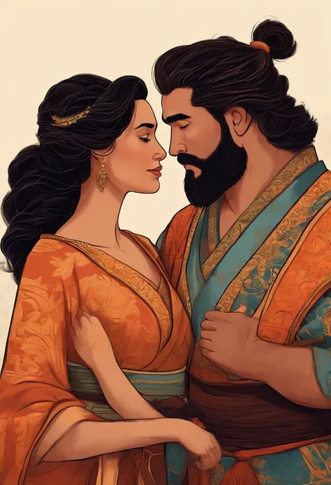 crie um desenho, estilo capa da Pixar com um casal. ele moreno, mais baixo que ela, com barba e cabelo samurai. ela morena, gorda, cabelo curto, escuro.