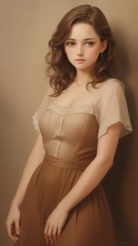 1girl, beautiful teenage girl, very small breasts, short wavy brown hair, portrait, oil painting, modern, realistic proportions, intricate, intricate details, sharp focus