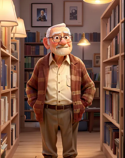 a wise old man standing in front, illuminated by the light of a lamp, against the backdrop of a library