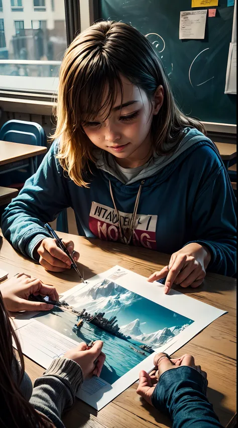 In the photo, we see a group of students working together in a lively and interactive classroom.  Students collaborate together and share their ideas and questions with each other.  Working on a multimedia project, they use technology to create original id...