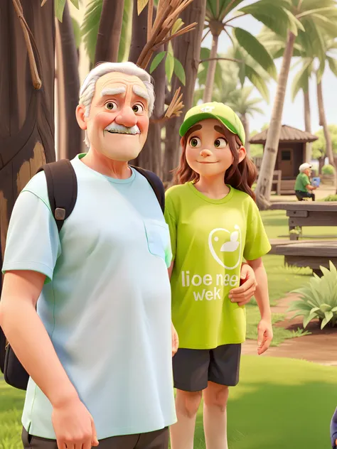 A old man stand up beside a young girl wearing a cap and a green shirt