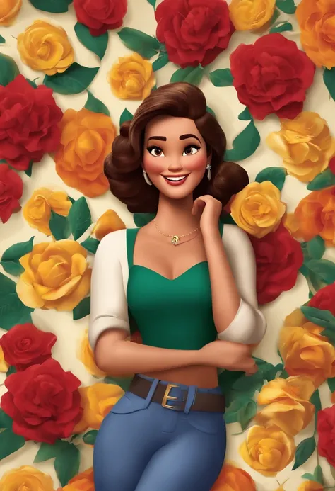 Create a Disney-style gay poster titled Tiana Shes a brunette, cabelos cacheados roxos na altura dos ombros, sorridente, usando roupas pretas, And his wife is a white woman, de cabelo cacheado preto usando luvas e terno, Smiling married against a floral ba...