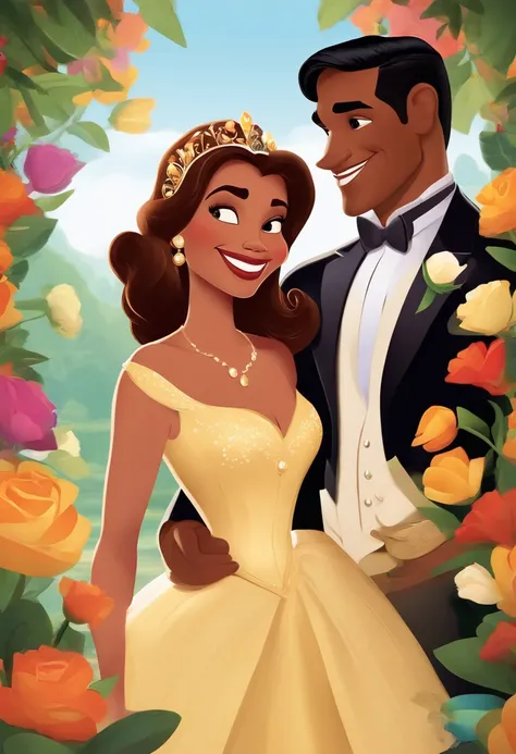 Create a Disney-style gay poster titled Tiana Shes a brunette, cabelos cacheados roxos na altura dos ombros, sorridente, usando roupas pretas, And his wife is a white woman, de cabelo cacheado preto usando luvas e terno, Smiling married against a floral ba...