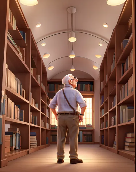 A wise old man standing in front, illuminated by the light of a lamp, against the backdrop of a library