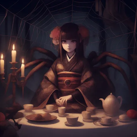 spider girl. wear kimono. spider web embroidery. tea party. inside a dark mansion. candle. rose flowers on a plate.