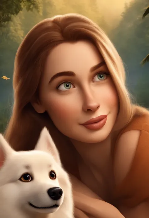 Create a poster inspired by Disney Pixar movies, Featuring a medium height girl with brown hair, Full lips and big honey-colored eyes along with her all-white German Spitz dog, cachorro de pelo bem cuidado com dentes caninos afiados e um pouco gordinho e p...