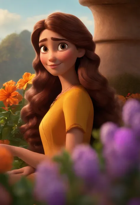 Menina pele clara e cabelo castanho, olhos marrons com vestido de flor Pixar 3D 8K