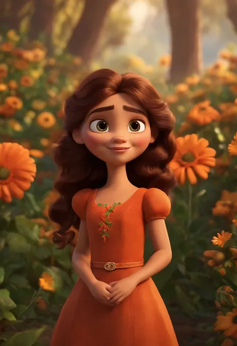 Menina pele clara e cabelo castanho, olhos marrons com vestido de flor Pixar 3D 8K