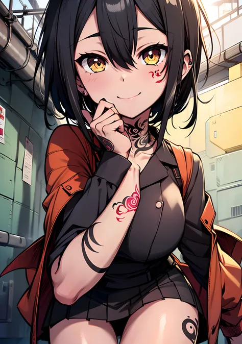 masutepiece, High quality, ultra-quality, The best lighting, 1girl in, ((Kurumi Tokisaki)), Long hair, Black hair, low twintails, monochromes, ((Right red eye:1, Left yellow eye:1)), Black school uniform, ((Black school uniform)), ((Big Breast)), ((Large T...