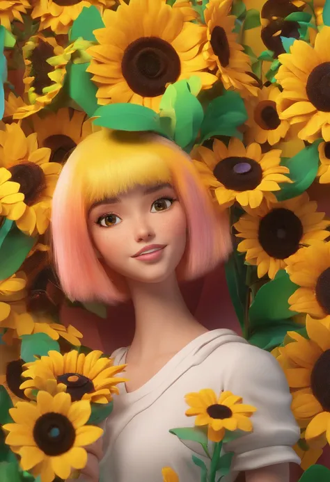 Mulher entregando flores a sua amiga mulher, One is white with black hair and green eyes, and the other is a prwtaa with purple curly hair and brown eyes, The Flower Is Sunflowers - Disney Pixar Animation Poster, lesbicas criando gatinho, 3 d animation